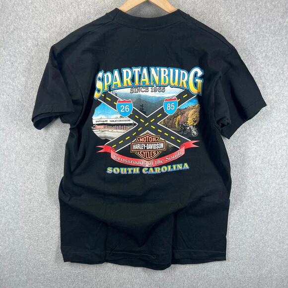 Vtg Y2K Harley-Davidson T Shirt Size L Black Spartanburg Crossroads 26/85 '98 - Picture 1 of 8